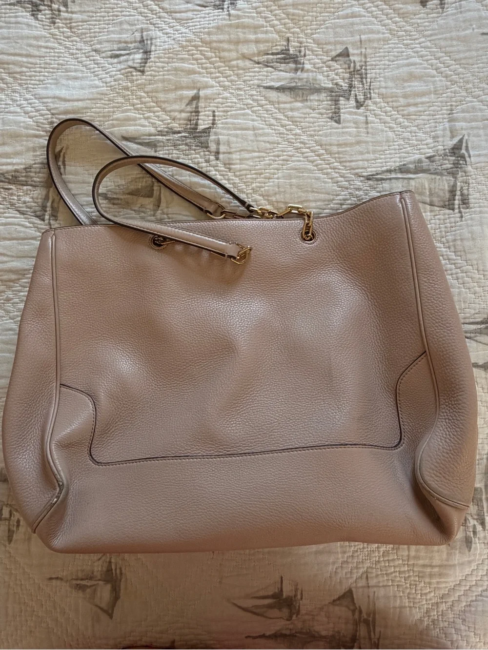 Tory Burch Blush Taupe Pebbled Leather Tote with Gold Logo